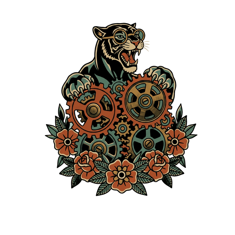 Tiger mascot with gears, representing the business automation service