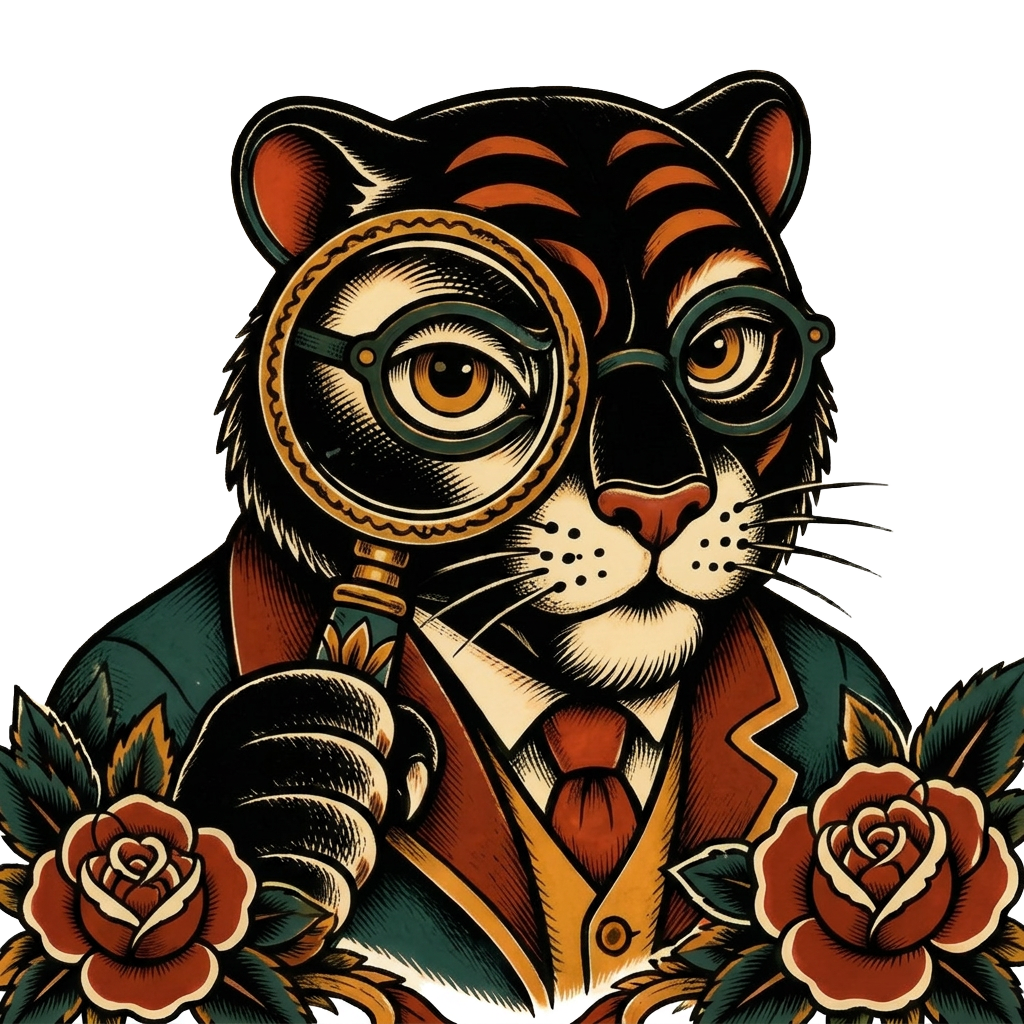 Tiger mascot with a magnifying glass, representing the AI search visibility service