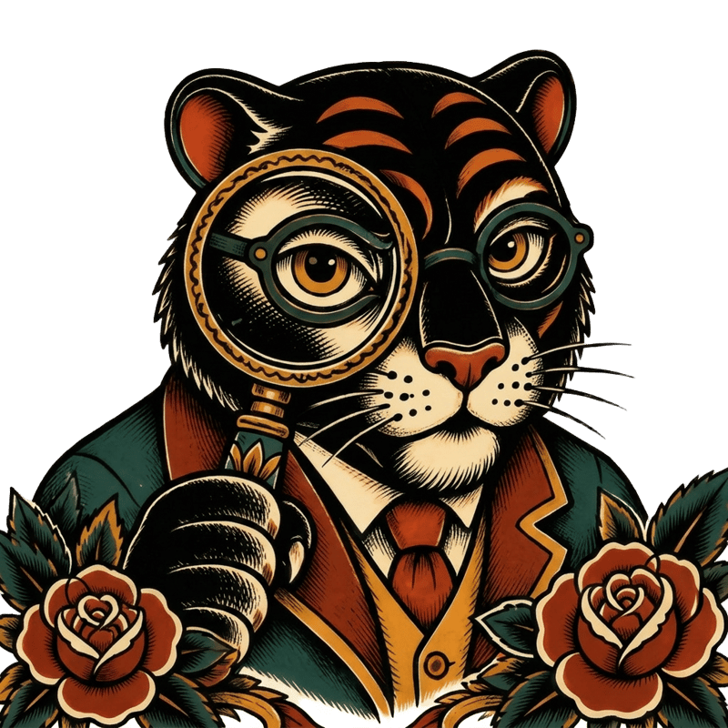 Tiger mascot with a magnifying glass, representing the AI search visibility service