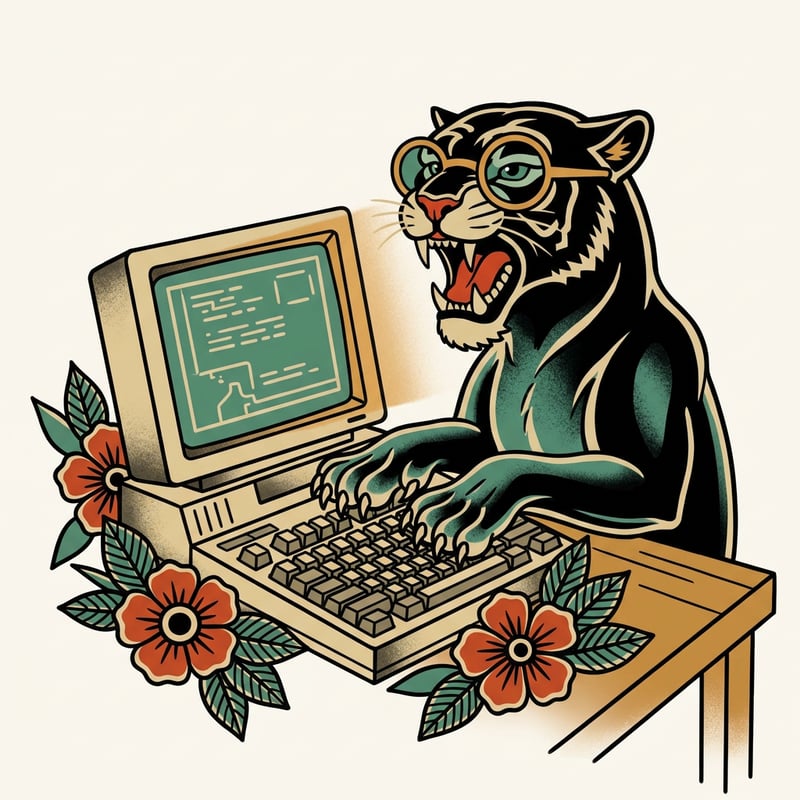Tiger mascot at a computer, representing the websites service
