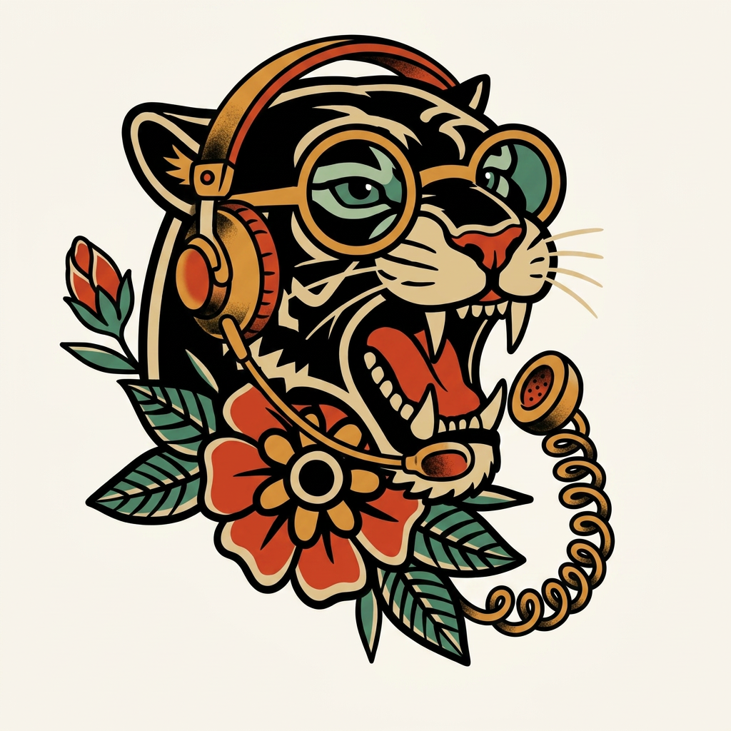 Tiger mascot wearing a telephone headset, representing the AI receptionist service