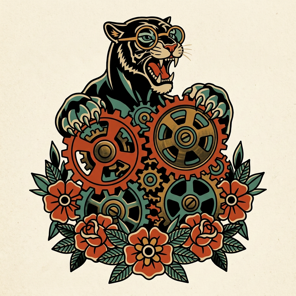 Tiger mascot with gears, representing the business automation service